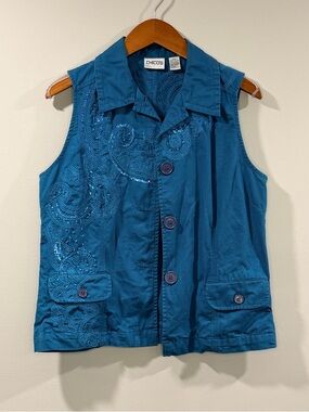 Chico's Women’s Teal Embroidered Sleeveless Button Vest Chicos Size 1